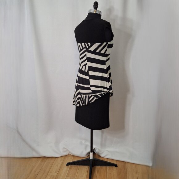 Slimming Simon Chang Black Beige Peplum Tiered Dress , Size Medium - Picture 3 of 6